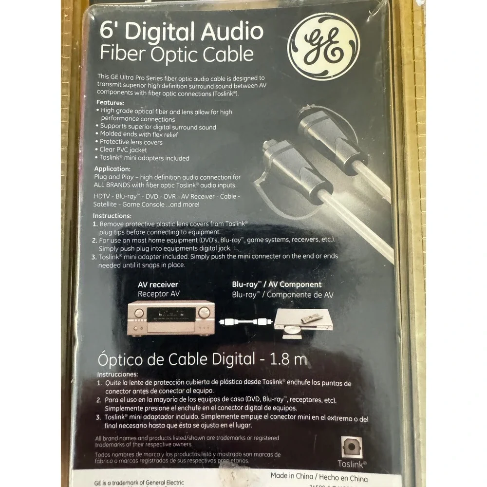 GE Ultra Pro 6ft Digital Audio Fiber Optic Toslink Cable 24500 Lot of 2 New